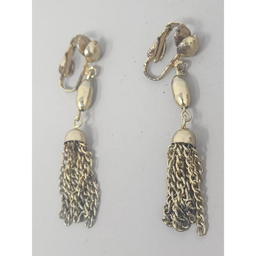 Vintage Clip On‎ Tassle Dangle Silver Tone Earrings
